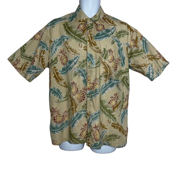 Cooke Street Vintage 1990's Tan Leaf Pineapple Hawaiian Button Front Shirt L - Picture 1 of 12
